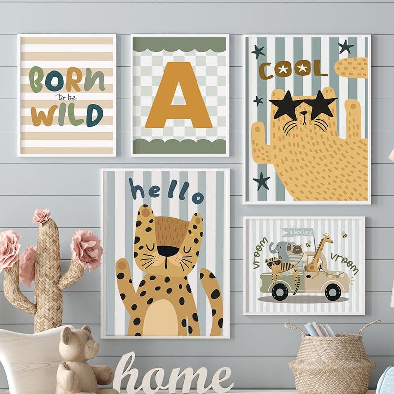 Kawaii Cat Tiger Elephant Giraffe Car Nursery Wall Art Canvas Painting Posters And Prints Wall Pictures For Baby Kids Room Decor