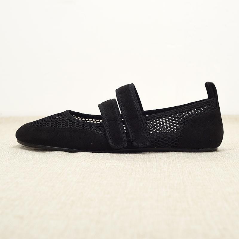 Fashion Bla Ballet Flat Oes Women's Soft Bot Me Round Toe Double Strap Mary Janes Hollow Out Faionable Summer Flats