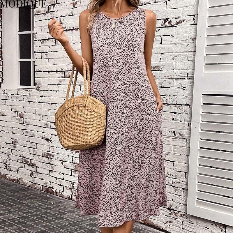 MODIQUE 2025 Summer New Women's Sexy Leopard Print Sleeveless Long Dress Ladies Elegant Casual A-Line Hot O-Neck Dress