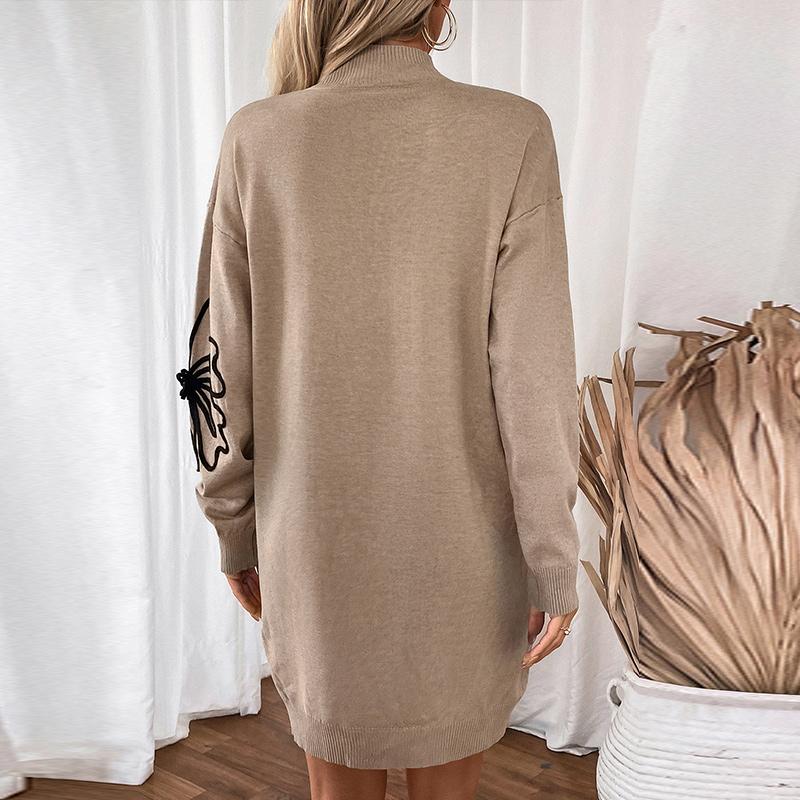 Women's Autumn Solid Color Flower Printed Knitted Sweater Dress Casual Temperament Half Turtleneck Knit Skirt