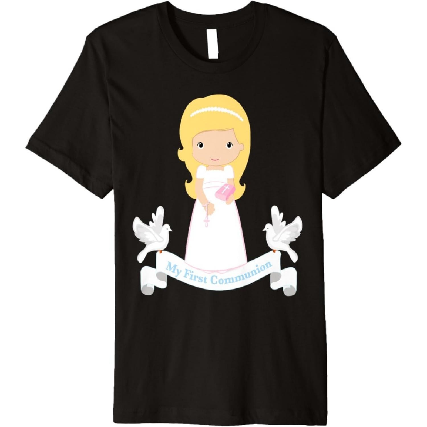 Девочка Первое Причастие Дочь Блондинка Библия Розарий Вечеринка Премиум Футболка S