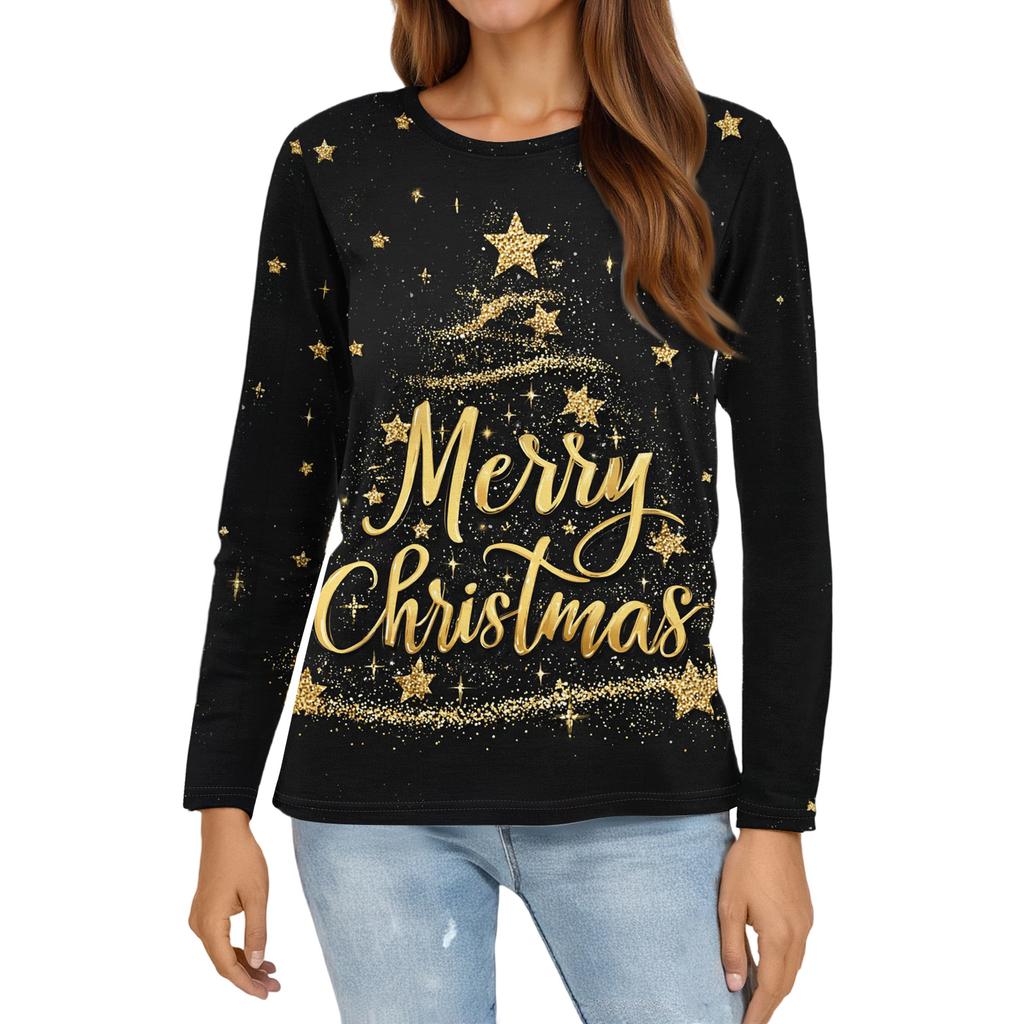 Women's Fashion Casual Slit Hem Round Neck Long Sleeve Loose Christmas Printed T-Shirt Ladies Top