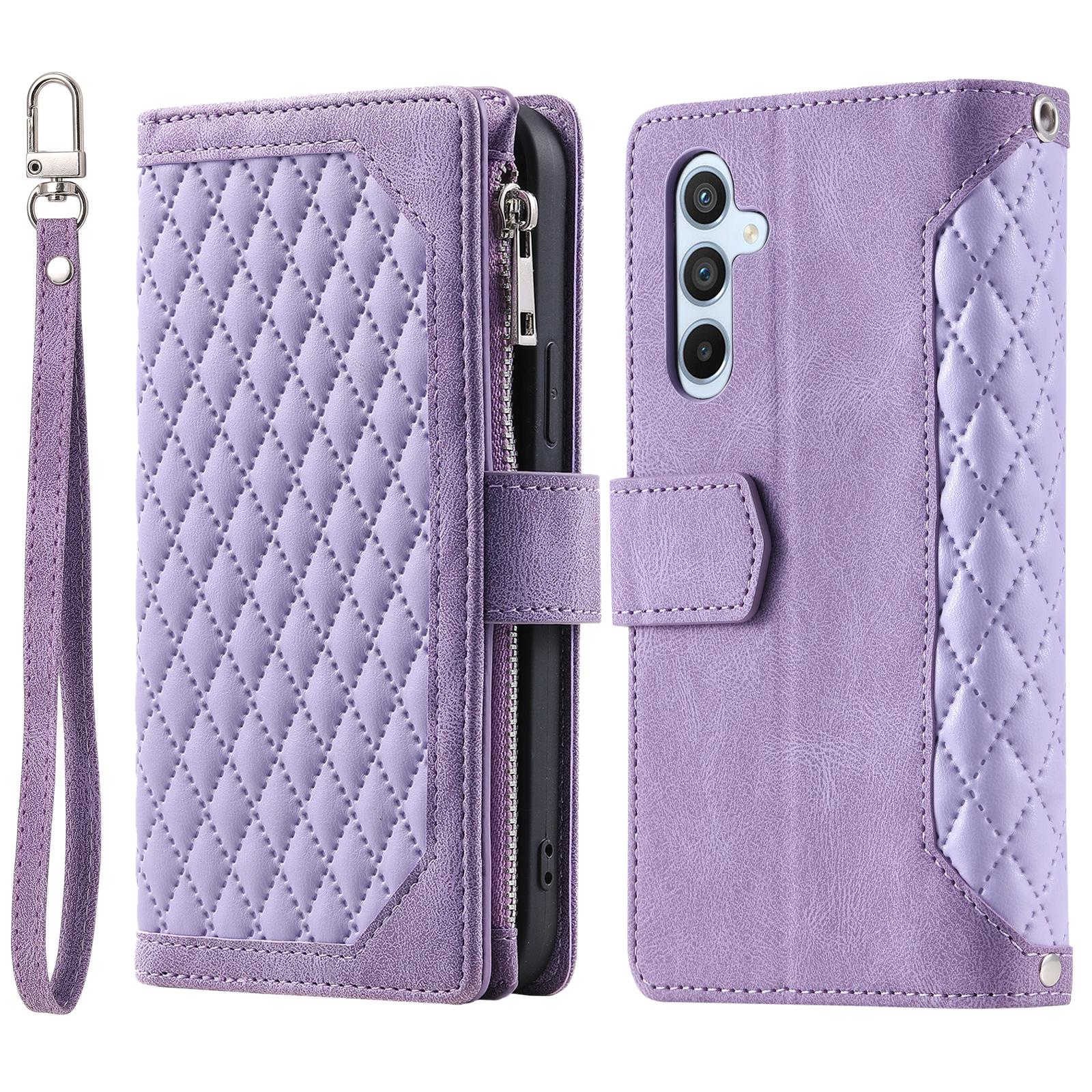 

For Samsung Galaxy A55 5G Case Wallet Stand Rhombus Texture Phone Cover with Strap Purple