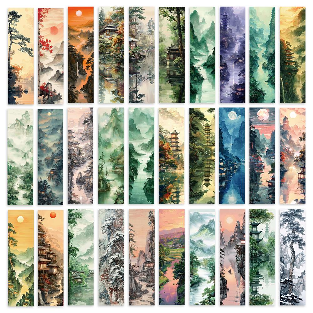 32 Stück, Lesezeichen mit Tuschelandschaft, geeignet für die Schulanfangszeit, Weihnachten, Halloween, Lehrer, Leser und Geburtstage.