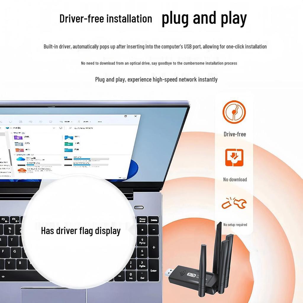 Driver-Free 5G Dual-Band USB WiFi Adapter with 1300M Gigabit Speed