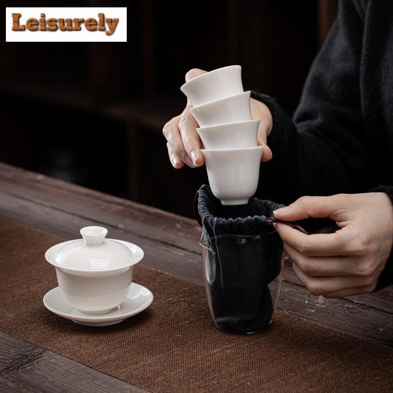 Dehua Sheep Fat Jade White Porcelain Tea Set Kit Handmade 1 Pot 4 Cups Tea Maker Travel Tea Set Portable Camping Tote Bag Gifts
