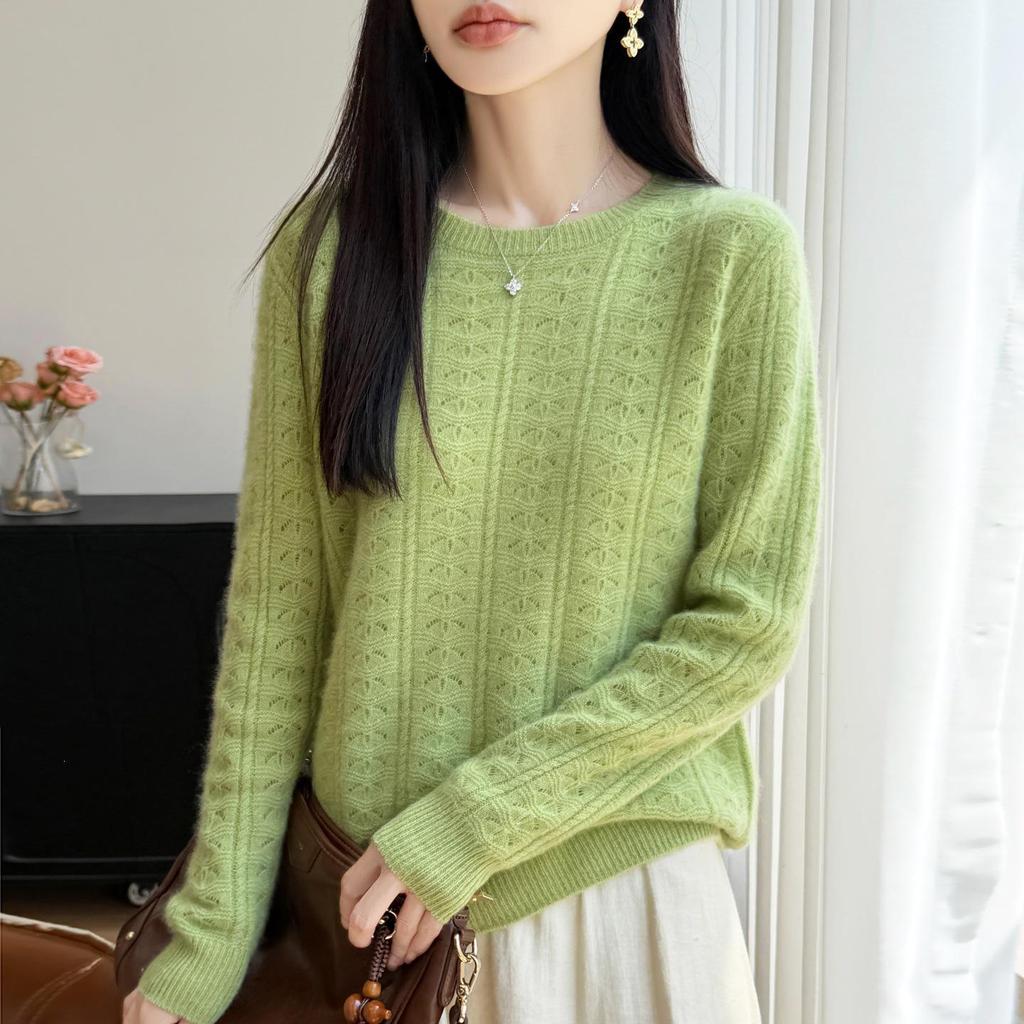 2026 Early Autumn Women's 100% Pure Wool Hollow Out Round Neck Loose Knit Top