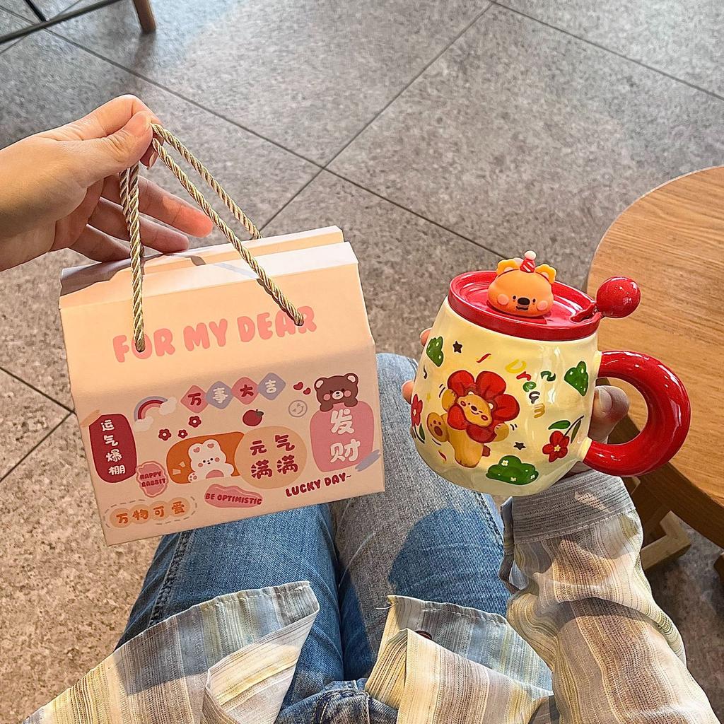 Cute Bear Mug With Lid Spoon High Value Ceramic Water Cup Girls Household Cup Coffee Breakfast Cup Children