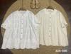1116 Summer New Women's Lapel Japanese Cotton Shirt Loose Shirt Embroidery Heavy Industry Short Sleeve Literary Style Ins