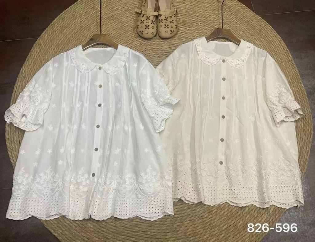 1116 Summer New Women's Lapel Japanese Cotton Shirt Loose Shirt Embroidery Heavy Industry Short Sleeve Literary Style Ins