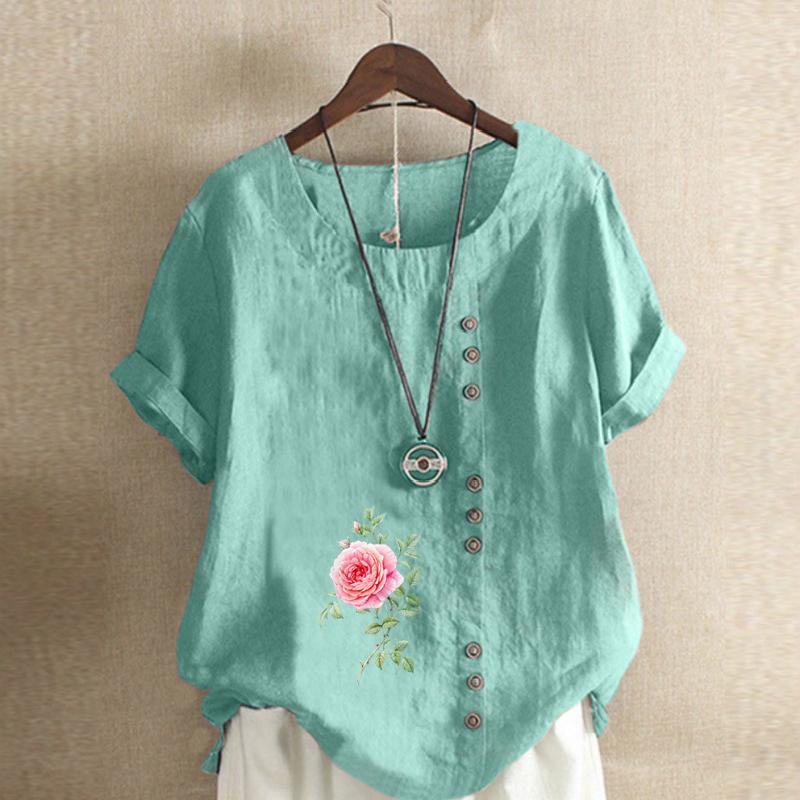 Women's New Fashion Linen Shirt Round Neck Short Sleeve Flower Printed T-shirt Summer Ladies Casual Plus Size Blouse Tops