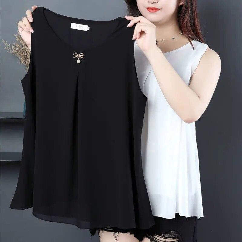 Women Chiffon Shirt Summer Sleeveless O-neck Blouse Casual Solid White/Red Loose Oversized Female Tops