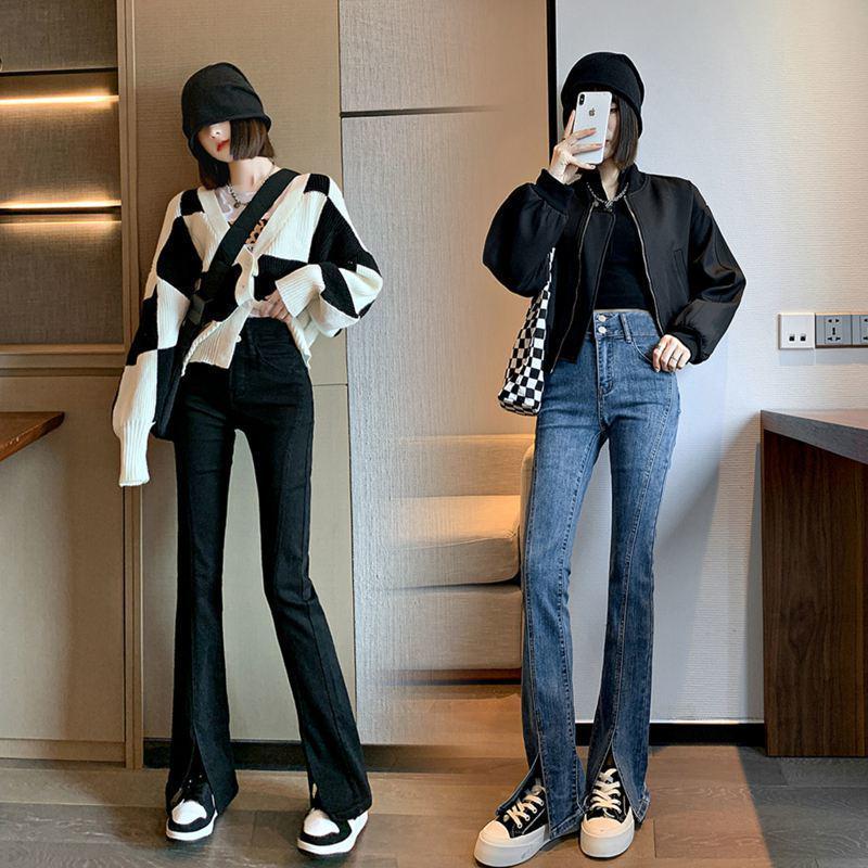 Women's High-Waist Retro Slit Denim Jeans - Petite Skinny Cropped Flare for Autumn/Winter 2022