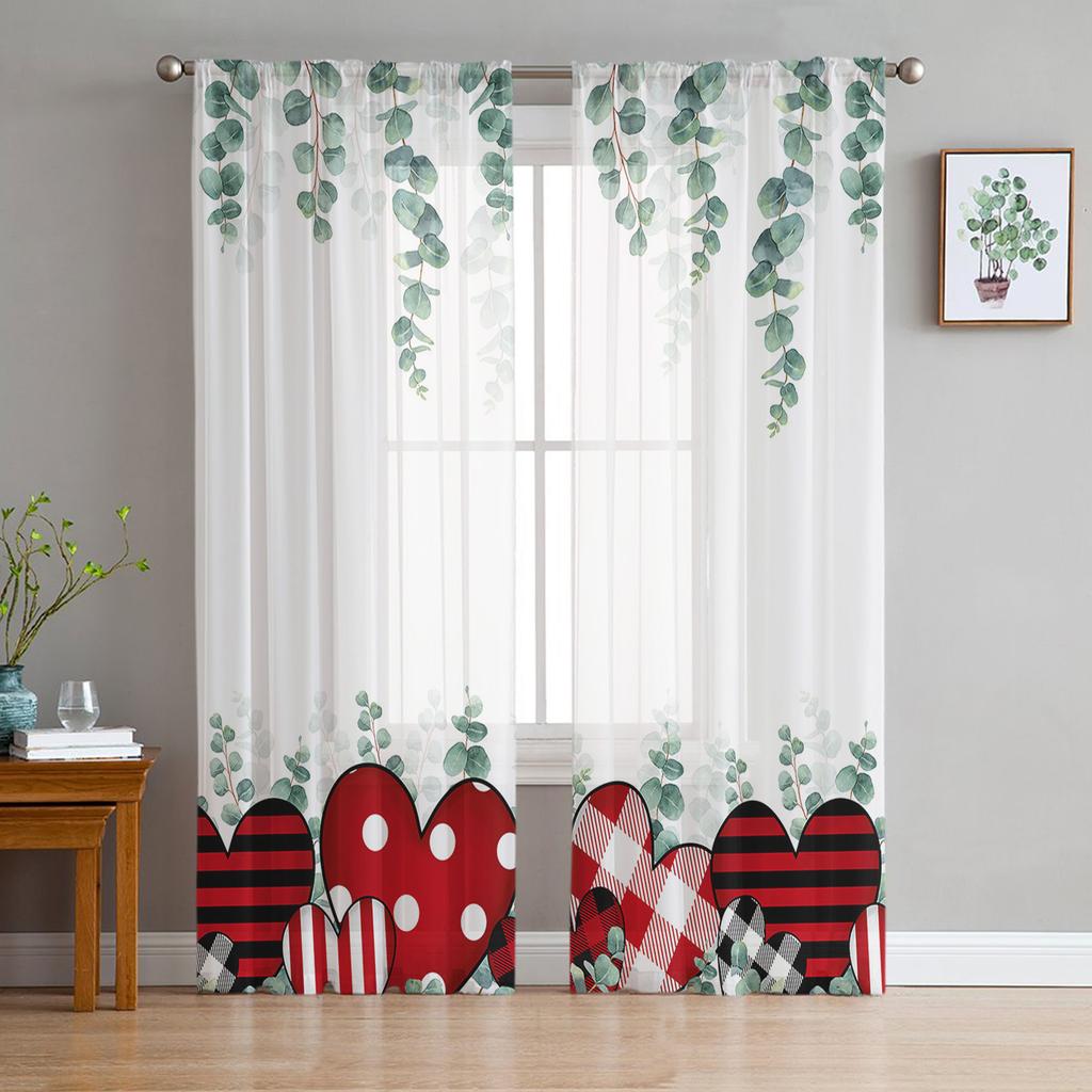 Perdele Transparente din Șifon cu Inimă de Eucalipt pentru Ziua Îndrăgostiților Pentru Decorarea Camerei de Zi, Dormitorului, Tulle pentru Fereastră, Draperii