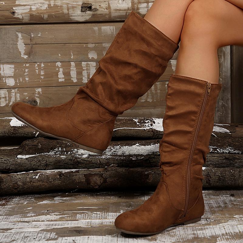 Autumn Winter Pink Mid Calf Boots Women 2025 Fashion Faux Suede Pleated Boots Woman Plus Size 36-42 Flat Heel Long Botas Mujer