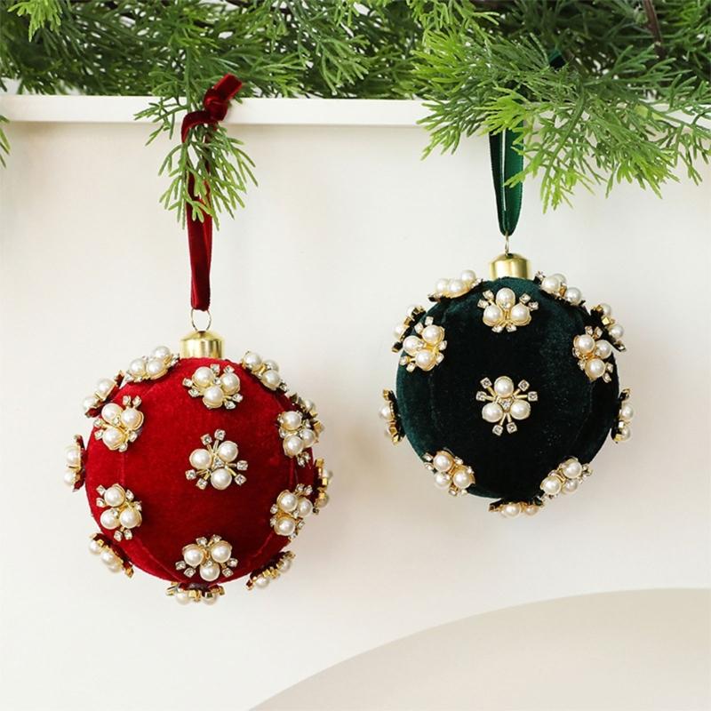 Christmas Tree Ornament Ball with Fabric, Trim Pattern and Ribbon Loop for Home Display Scenes and Seasonal Room Use