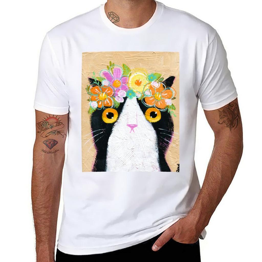 Kittys Flower Crown TShirt Aesthetic Clothes Customs for a Boy Black Tshirts for Men