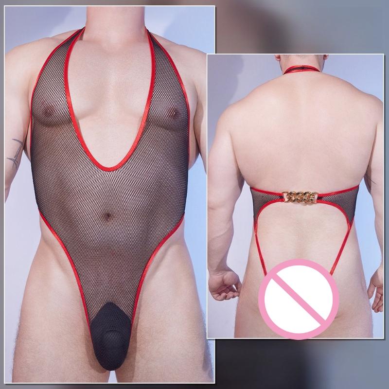 Men'Ssexy Bodysuit Jockstrap Crotch Mesh High Elasticity Ultra-Thin Breathable See Through Lingerie Hip Lift Erotic Underwear