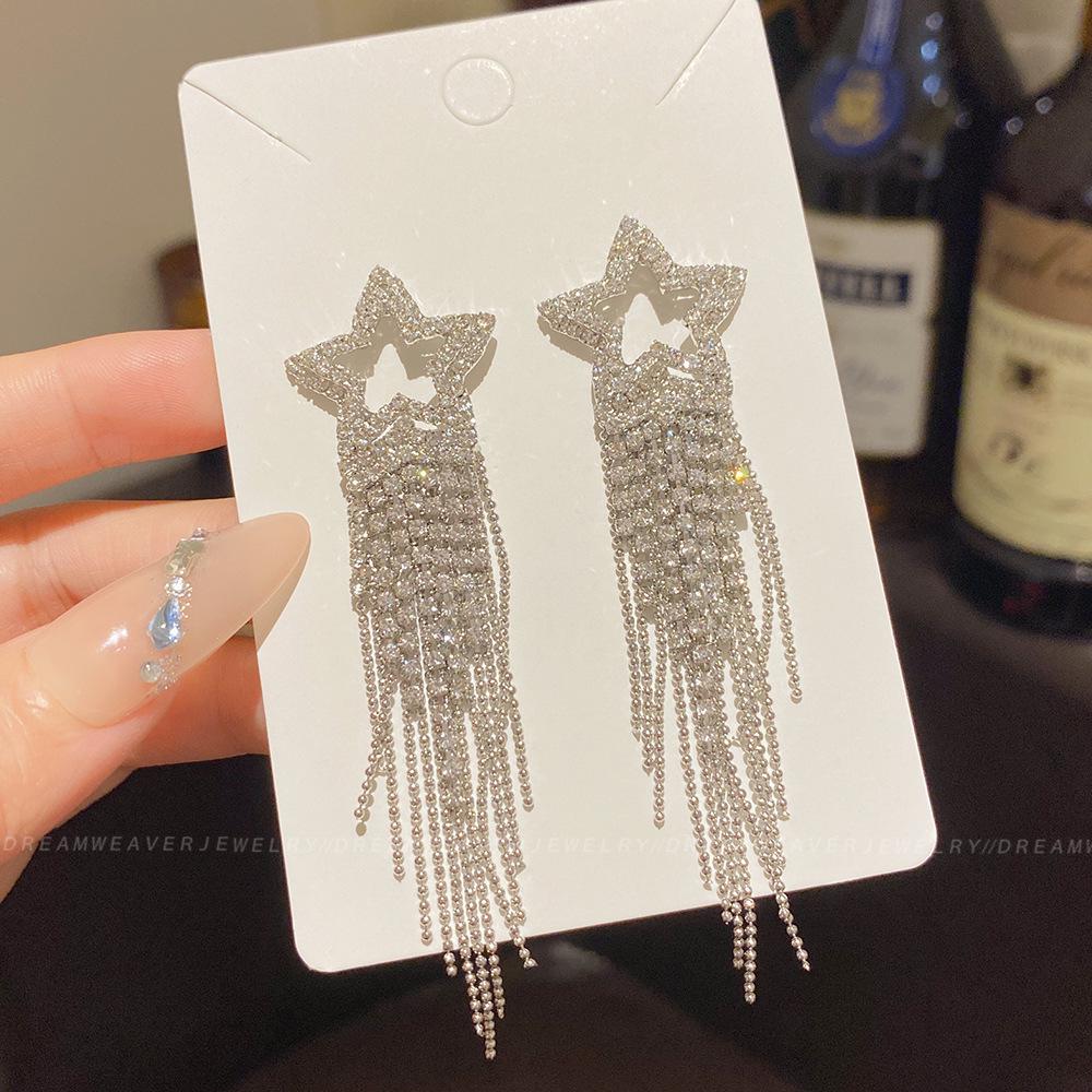 925 Sterling Silver Full Diamond Tassel Earrings – High-End European & American Style, Super Shiny, Luxurious Ear Jewelry for Women.