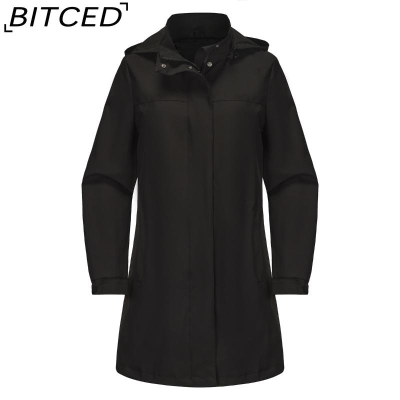 BITCED Spring/Fall Detachable-Cap Water-Resistant Trench Coat for Women Solid Color Long-Sleeve Lightweight Jacket Casual Women's Wear