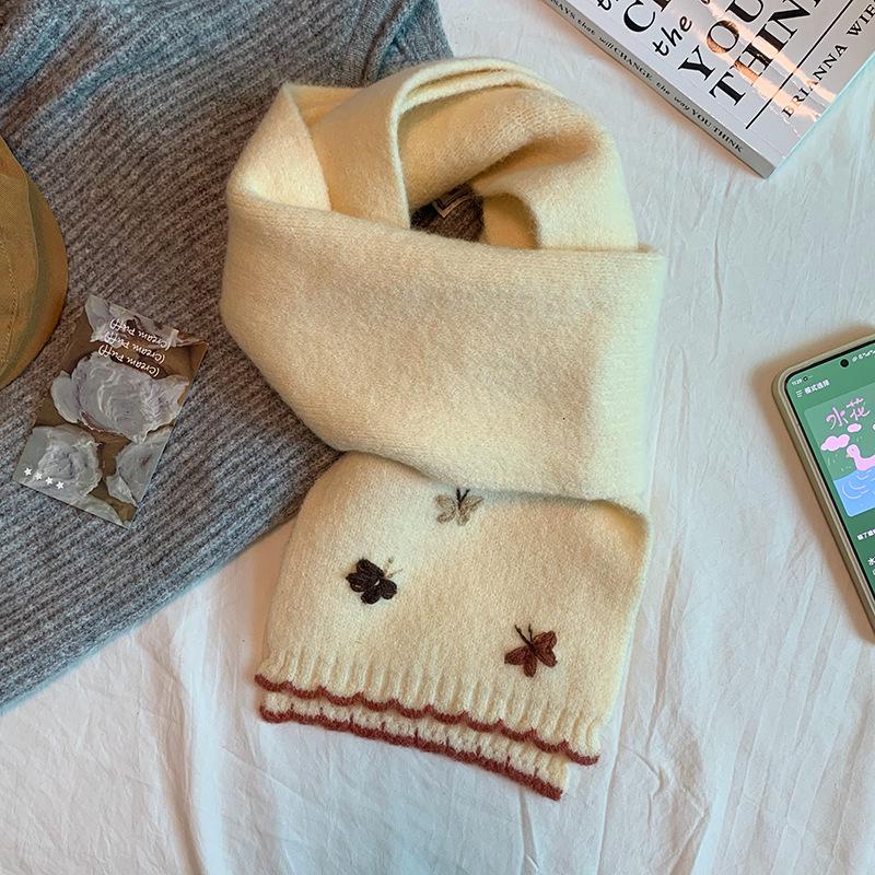 Japanese Style 3D Butterfly Embroidered Scarf - Autumn Winter Women's Knit Warm Neckwear