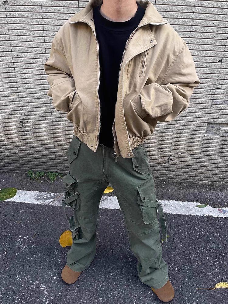 Unisex Khaki Wide Bomber Jacket: American-Style, Stand Collar, Distressed Workwear 