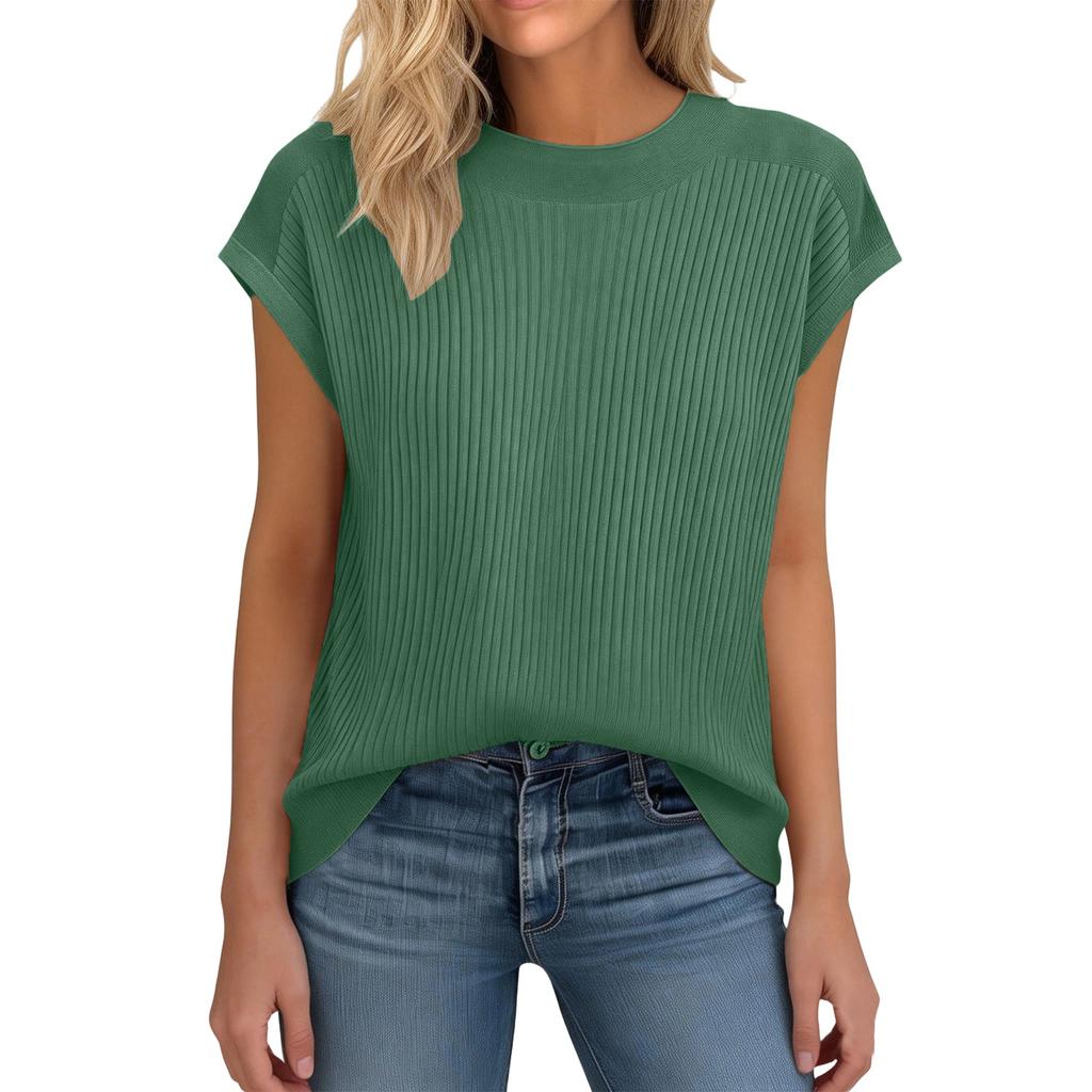 Women’s Crew Neck Ribbed Knit Short Sleeve Top Relaxed Fit Pullover Lightweight Soft Stretchy Casual Blouse for Daily Wear