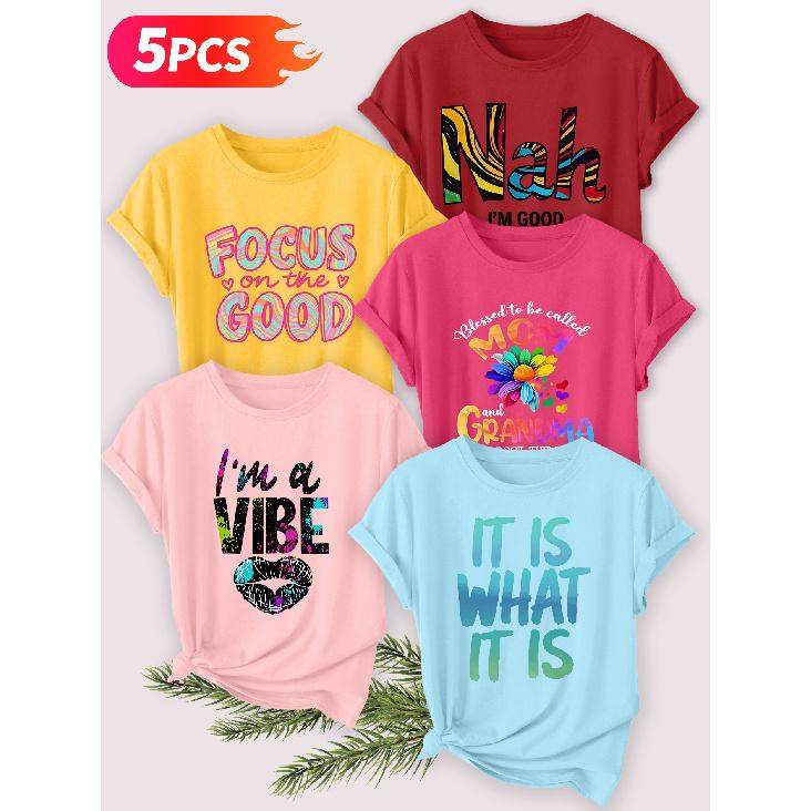 Five-piece set Elegant short-sleeved shirt for women Energetic Attitude Series Printed Round Neck Women's Short Sleeve Shirt Suitable for Spring and