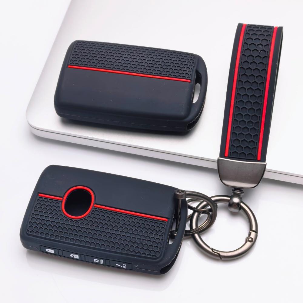 Silicone Key Fob Cover with Matching Keychain for Mazda 4-button Smart Remote with Panic & Trunk Hold, Fits Mazda CX-5, Protective Accessory