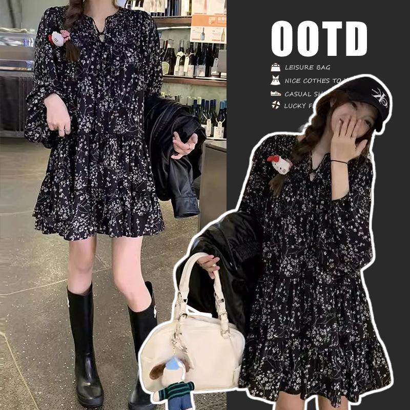 Elegant Black Floral Maternity Dress - Long Sleeve French Style 2XL