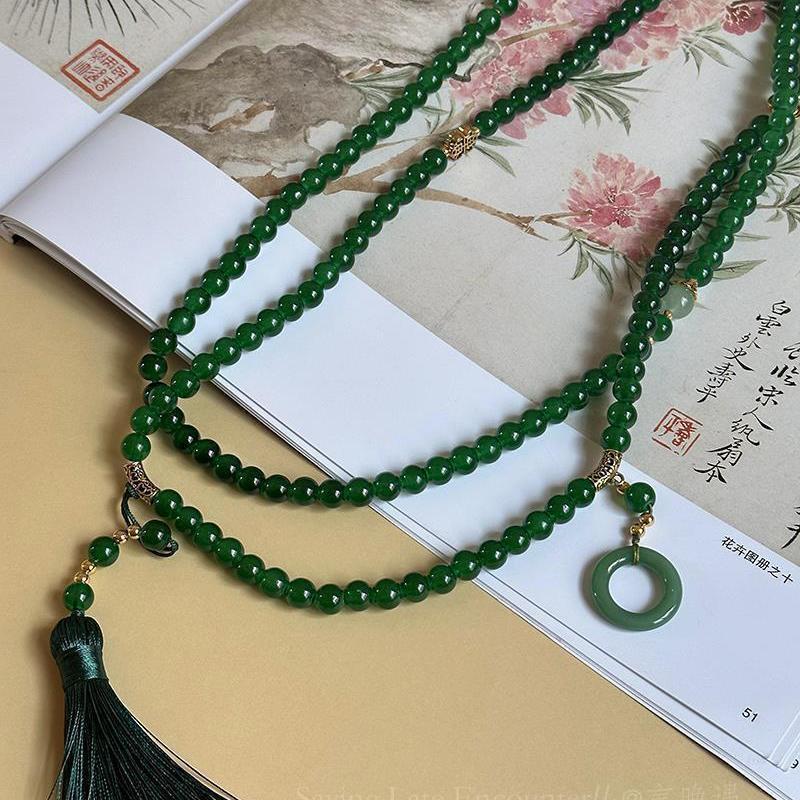 New Chinese Long Green Beaded Necklace Women'S National Style Messenger Chain Retro Temperament A Multi-Wear Sweater Chain Accessories