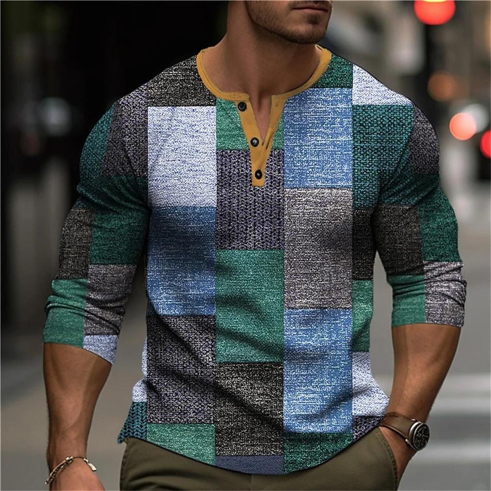 Chemises Henley Patchwork Color Block Automne Impression 3D Mode Homme Vintage Boutonnée Manches Longues T-Shirts Hauts Vêtements pour Homme