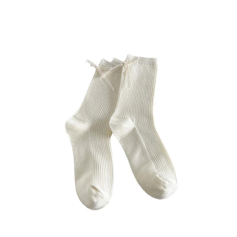 Socks Women'S Solid Color Bow Women'S Socks Double Needle Draw Strips Versatile Stack Of Socks Trendy Gray Socks