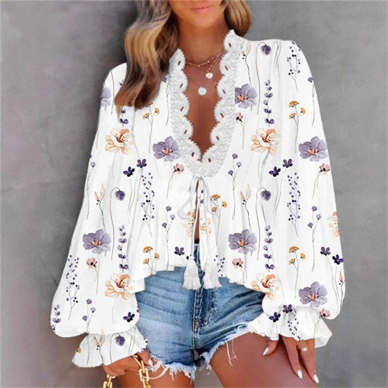 

Spring Autumn Women s Dress Ladies Tops V-neck Lace Stitching Printing Shirt for Women Purple 2XL