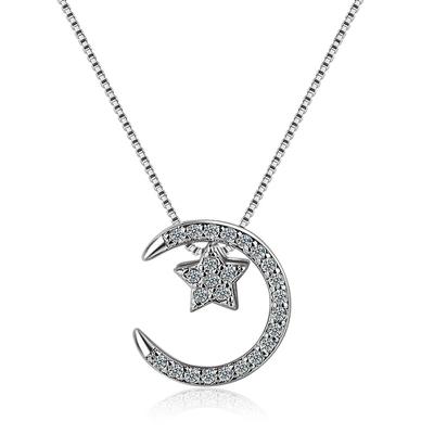 S925 Sterling Silver Diamond Star Moon Pendant Clavicle Necklace Wedding Luxury Jewelry
