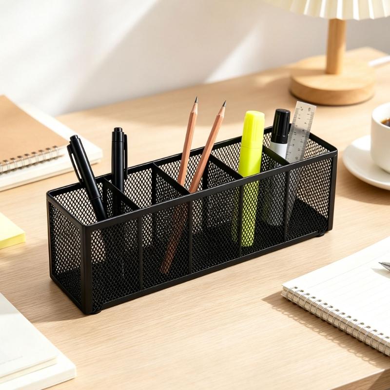Vanity and Desk Organizers Pen Holders, Black Metal Mesh Desktop Caddy for Brushes, Pen, Scissors, and Supplies