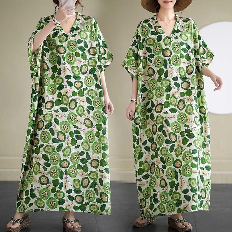 2025 Summer Floral Vacation Style Travel V-Neck Vintage Long Flesh Covering Dresses