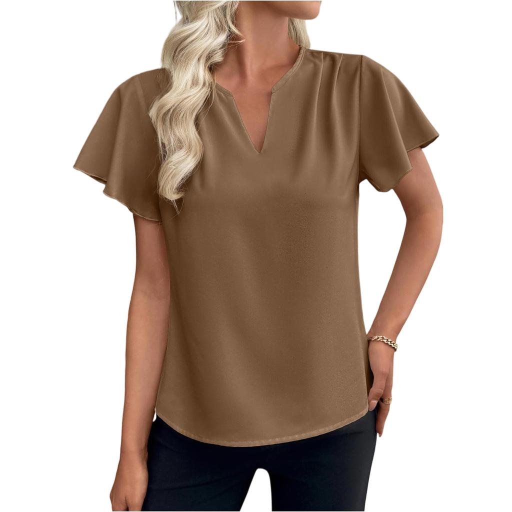 Fashionable Women's Ruffle Sleeves, Fashionable And Elegant V-neck Pleated Color Short Sleeved Shirt