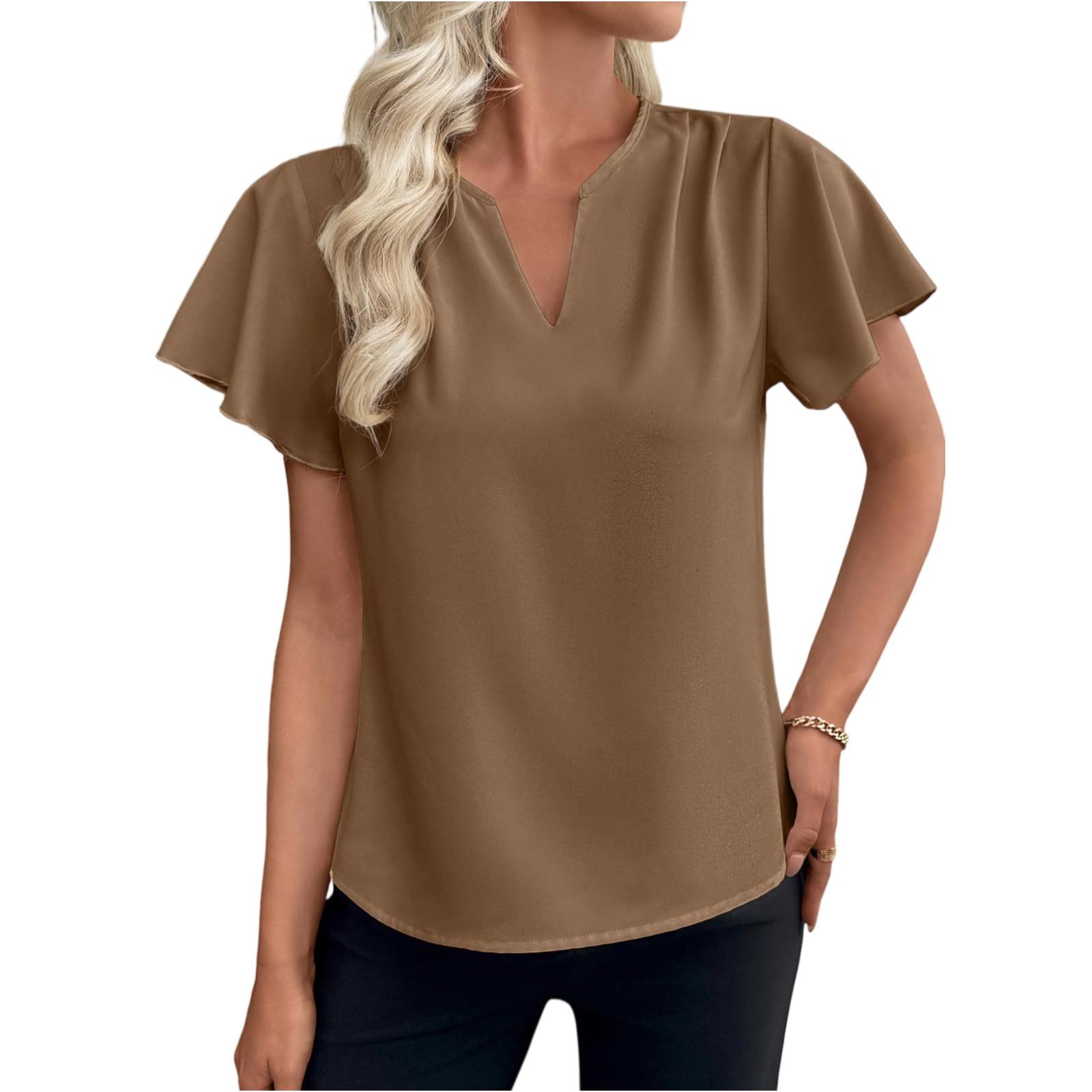 

Fashionable Women s Ruffle Sleeves, Fashionable And Elegant V-neck Pleated Color Short Sleeved Shirt S хакі