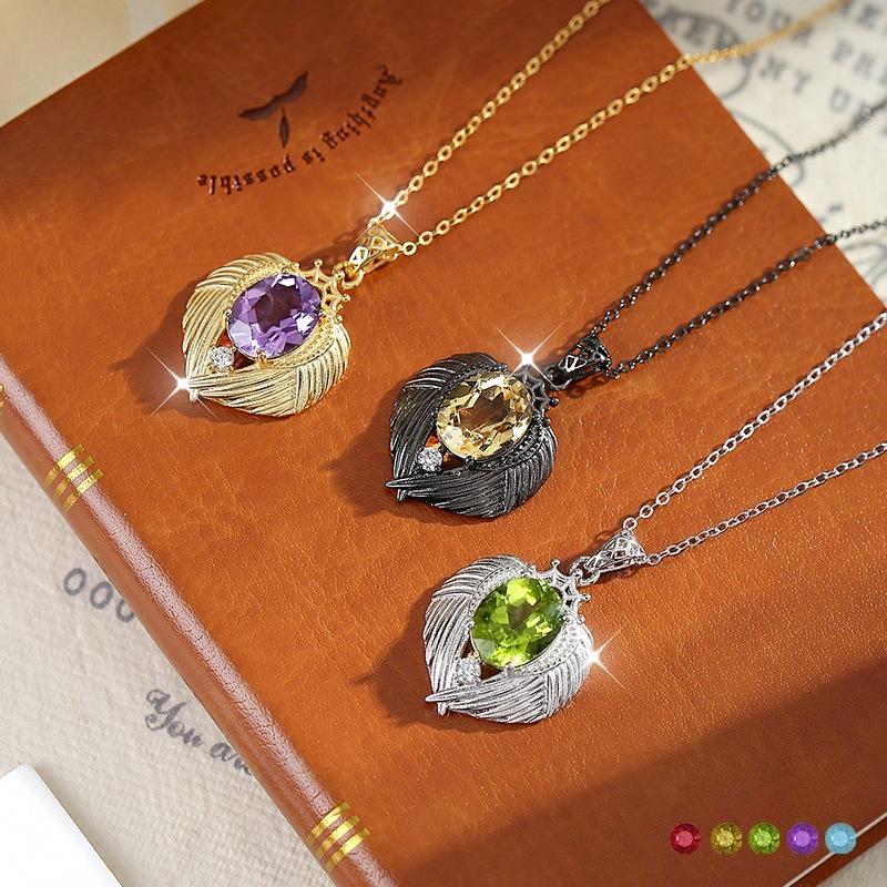 Natural Color Treasure Crystal Stone Angel Wings Pendant S925 Sterling Silver Necklace Women's Premium Clavicle Chain