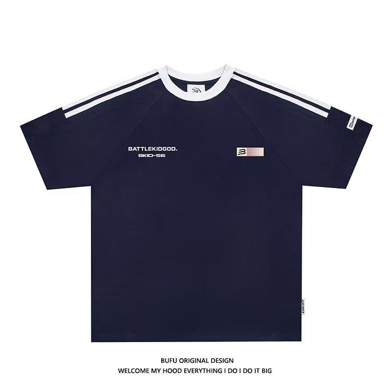 Unisex Summer Street Style Three-Bar Flag Print Short-Sleeve T-Shirt