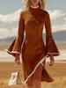 2025 Autumn/Winter Retro White Trim Faux Suede Bell Sleeve Mid-Length Skirt