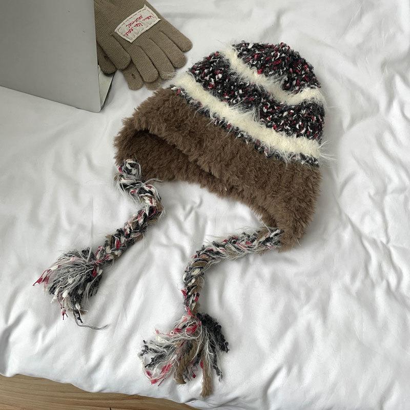 Striped splicing knitted ear protector children autumn and winter thickened warm wool cap pullover cap plush Lei Feng hat tide