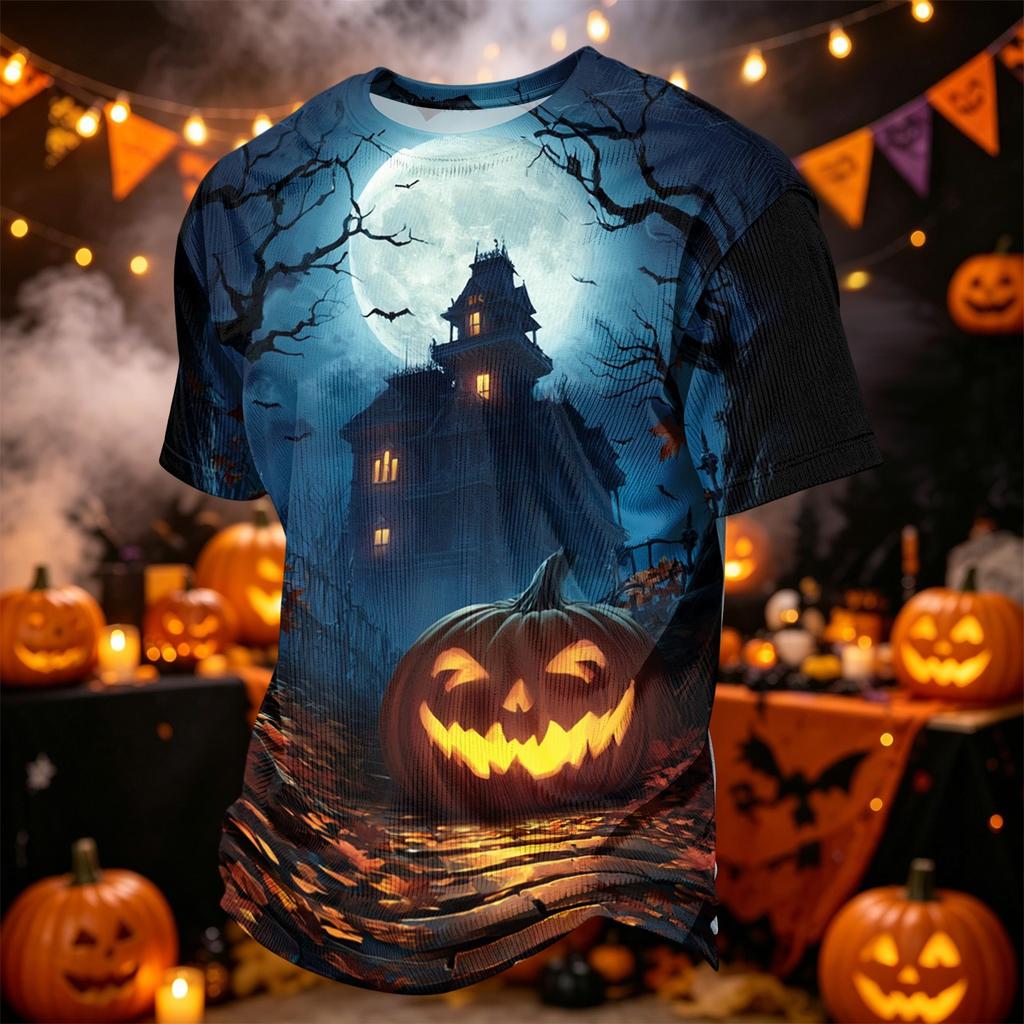 Men's Casual Corduroy Short Sleeve Lightweight Breathable Round Neck Shirt Halloween Print Design Suitable for Everyday Wear