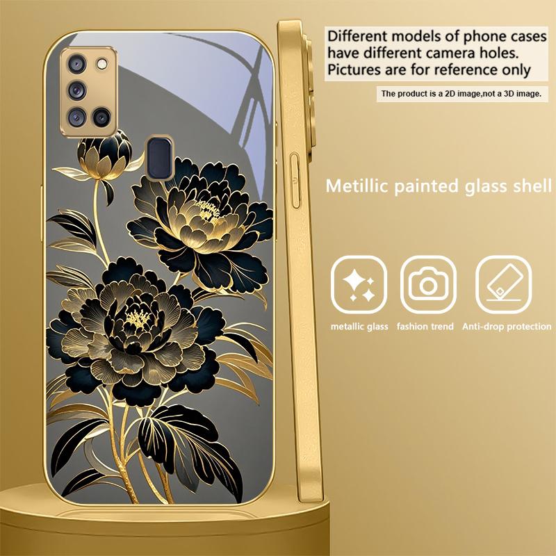 Black Gold Peony Flower For Samsung A 31 32 A33 A34 35 14 A15 13 16 25 26 50 52 53 54 55 56 70 71 72 73 Golden glass phone case
