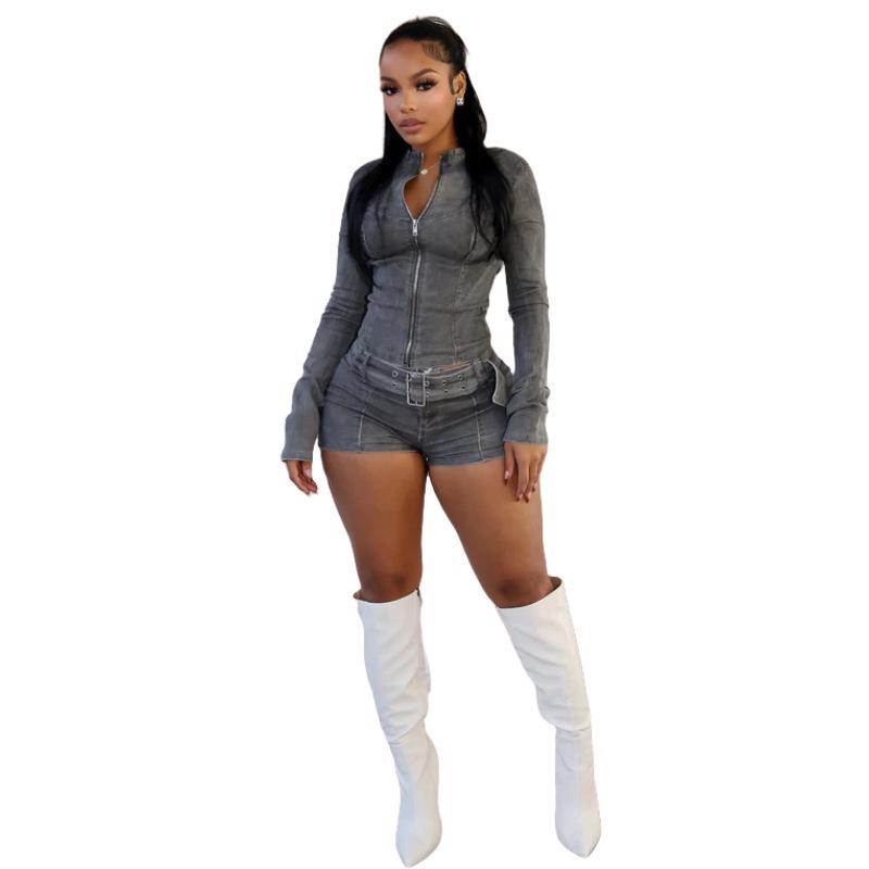 Women's Distressed Spicy Girl Zipper Cardigan & Denim Shorts Set