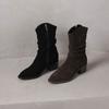 Krazing Pot Cow Suede Nubuck Round Toe Thick Heels Western Boots Size 42 Slip on Women Pleated Decoration Mid-calf Boots