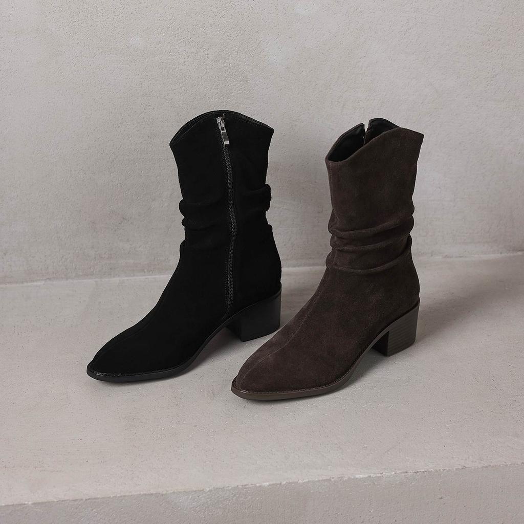 Krazing Pot Cow Suede Nubuck Round Toe Thick Heels Western Boots Size 42 Slip on Women Pleated Decoration Mid-calf Boots