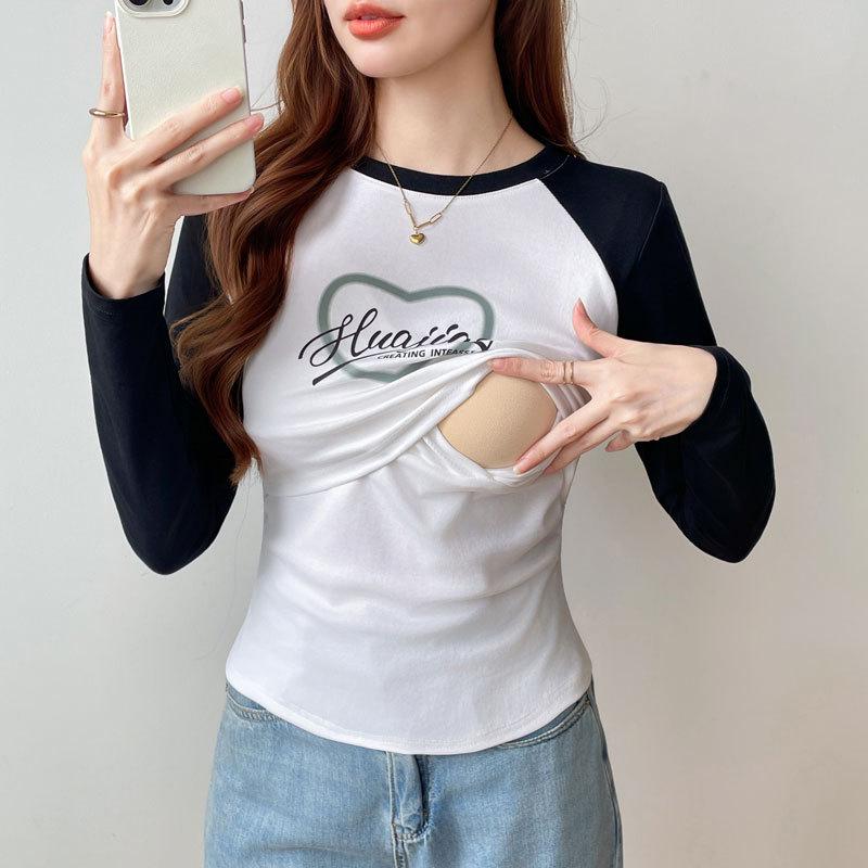 

Pure Cotton Long-Sleeve Nursing T-Shirt for Early Spring Postpartum Breastfeeding 2XL