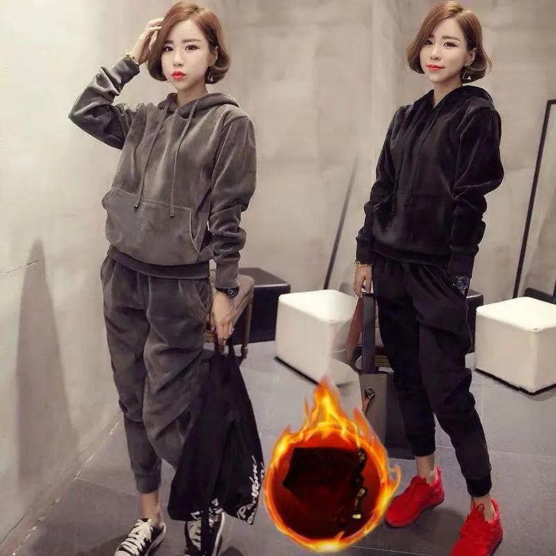 Golden Velvet Sports Suit Women's Autumn and Winter Fashion Sweater Plus Velvet Thick Casual Two-piece Suit